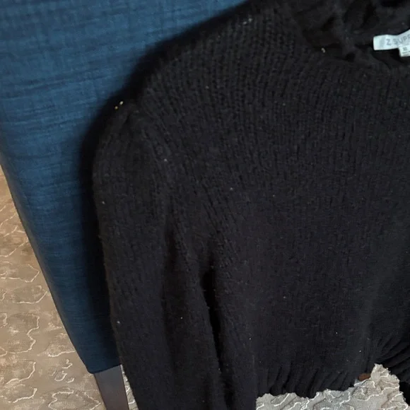 Z Supply Black Knit Mock Neck Ruffle Detail Puff Sleeve Sweater - Picture 2 of 7